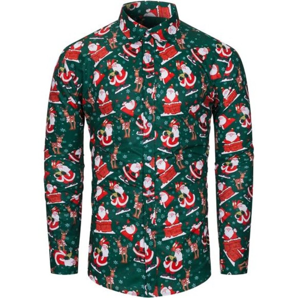 New Mens Christmas Novelty Shirt Ugly Santa Claus Button Down Long Sleeve Funny